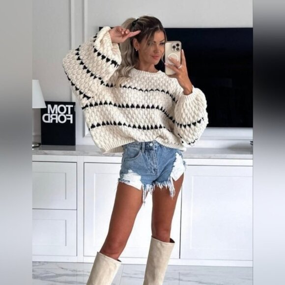 Casual Chunky Striped Textured Knit Balloon Sleeve Sweater Top Cream Black - Picture 1 of 5